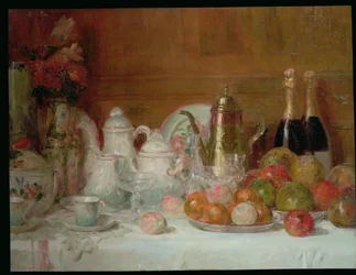 Stillleben mit Früchten und Champagnerflaschen